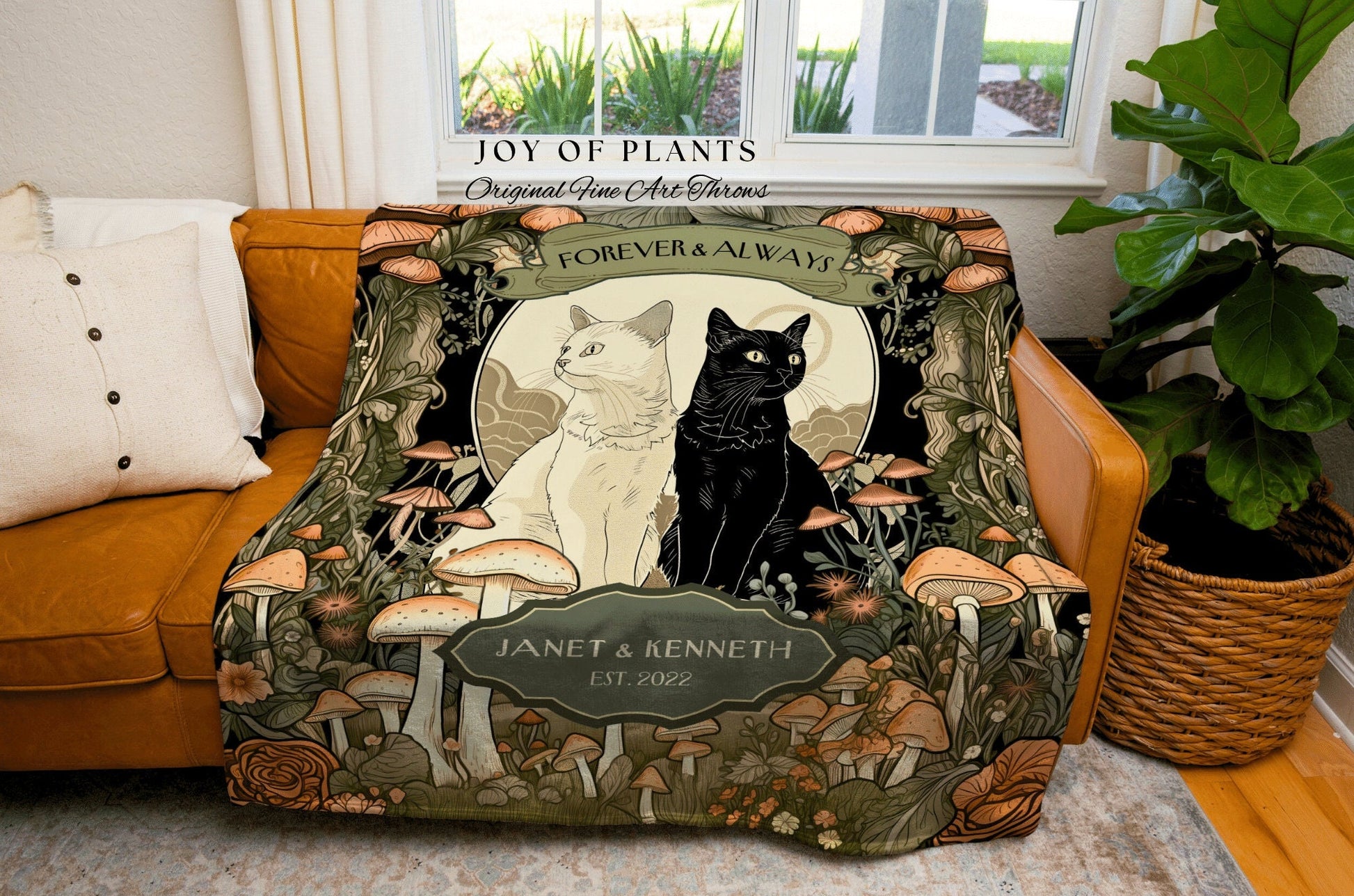 Anniversary Blanket Cat Lover Couple | Witchy Aesthetic Woven Throw Custom His and Hers Gift for Goths Dark Academia Personalized Tapestry |