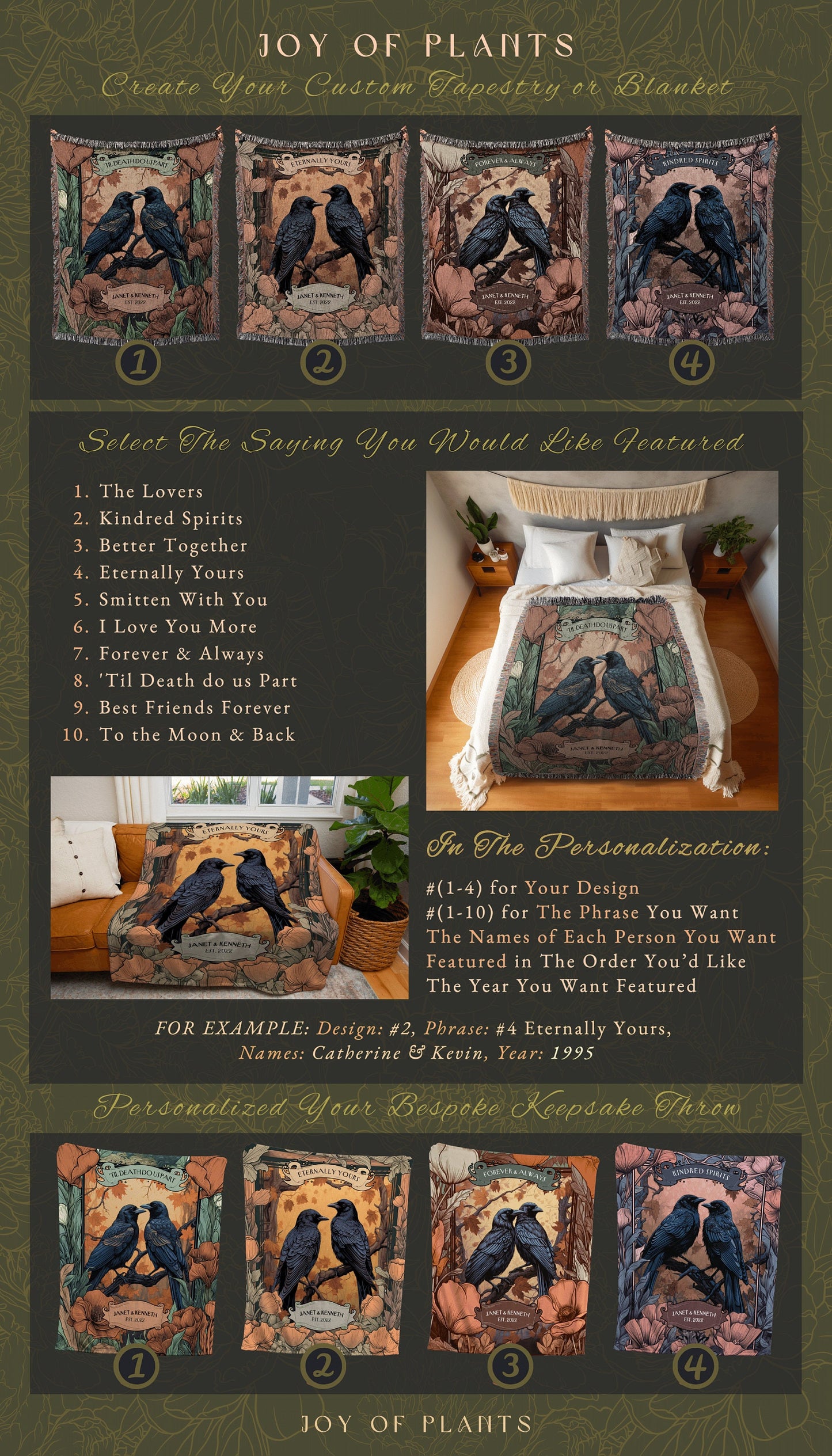 Personalized Anniversary Blanket | Crowcore Couple Aesthetic Woven Throw Custom Dating Anniversary 'Til Death do us Part' Raven Tapestry |