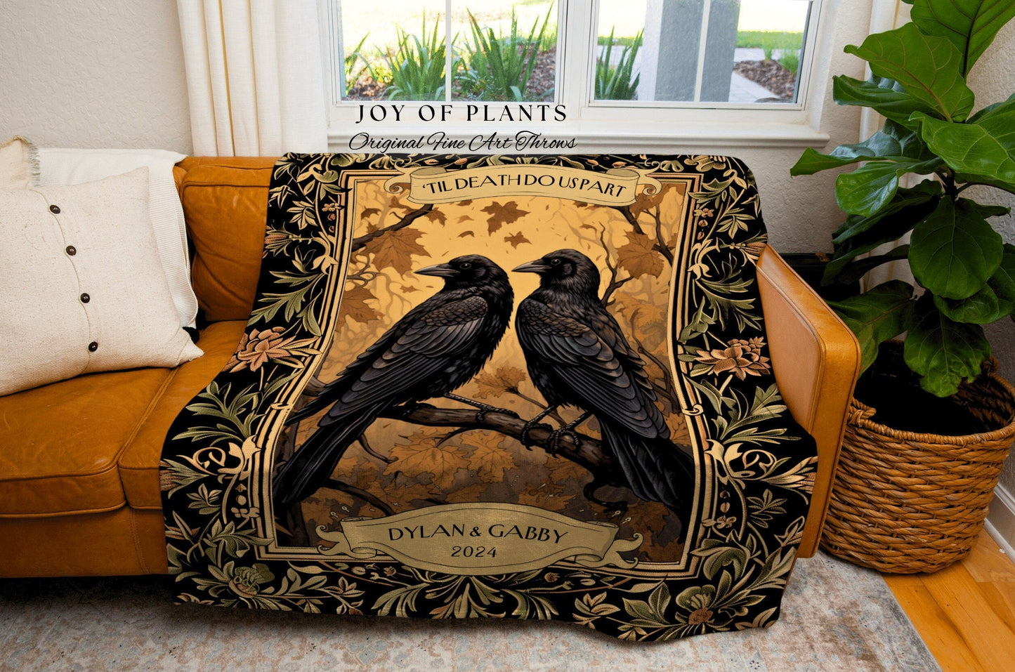 Raven Couple Dark Academia Blanket | Crowcore Aesthetic Woven Throw Personalized Dating Anniversary Gift for Goths 'Til Death do us Part' |