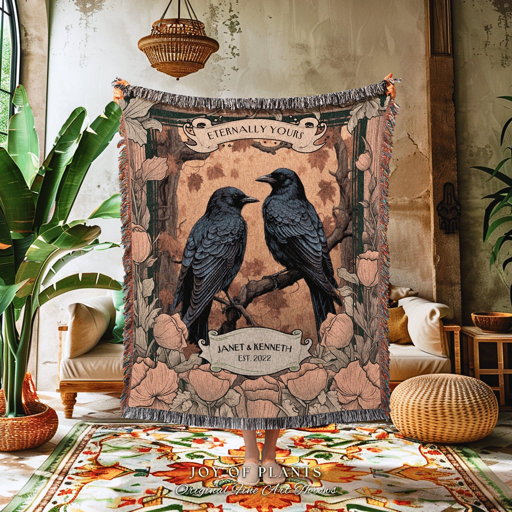 Personalized Anniversary Blanket | Crowcore Couple Aesthetic Woven Throw Custom Dating Anniversary 'Til Death do us Part' Raven Tapestry |