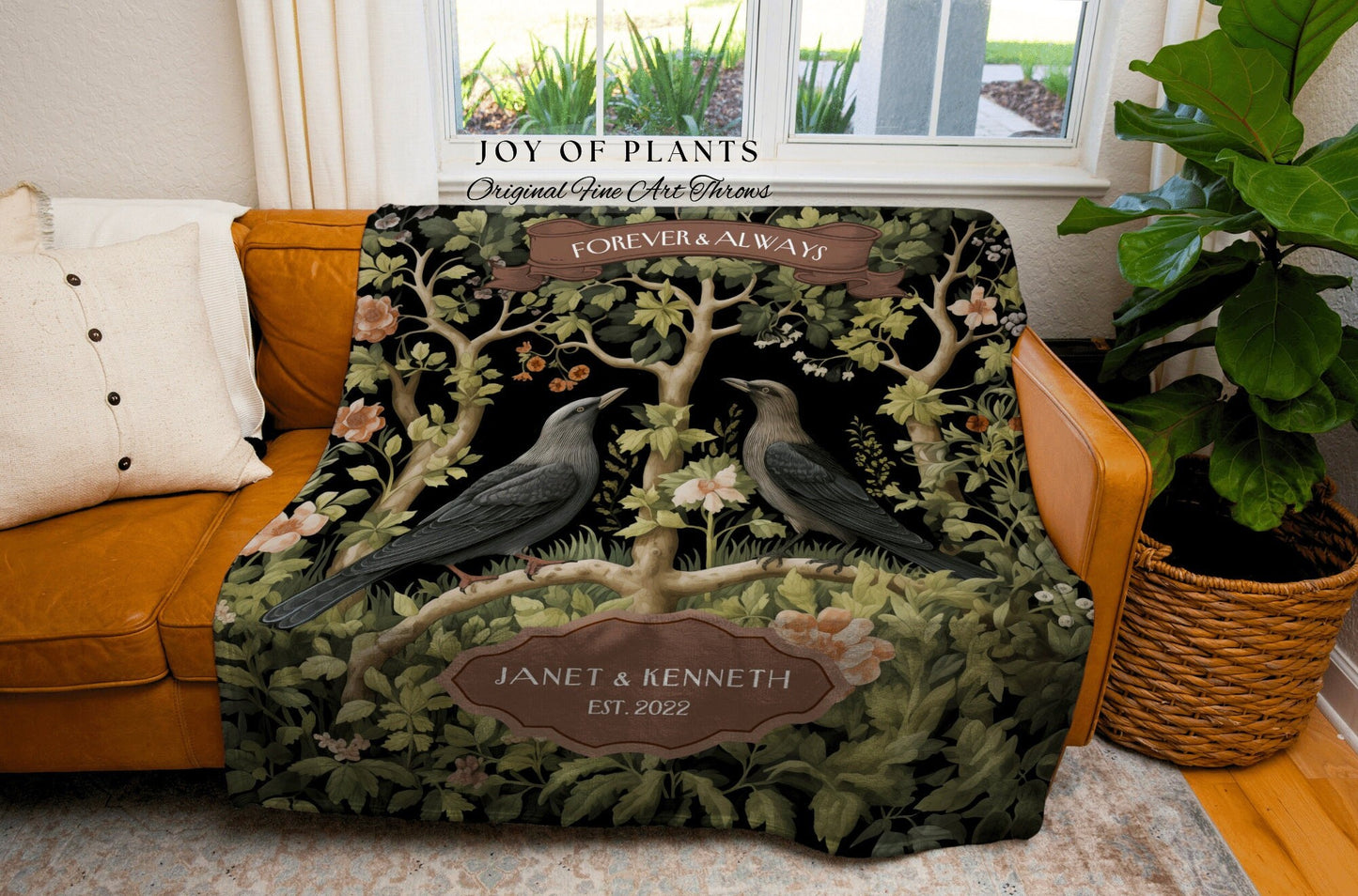 Woodland Gothic Crow Couple Blanket | Crowcore Aesthetic Woven Throw Personalized Dating Anniversary Raven Gift for Goths Custom Cottagecore