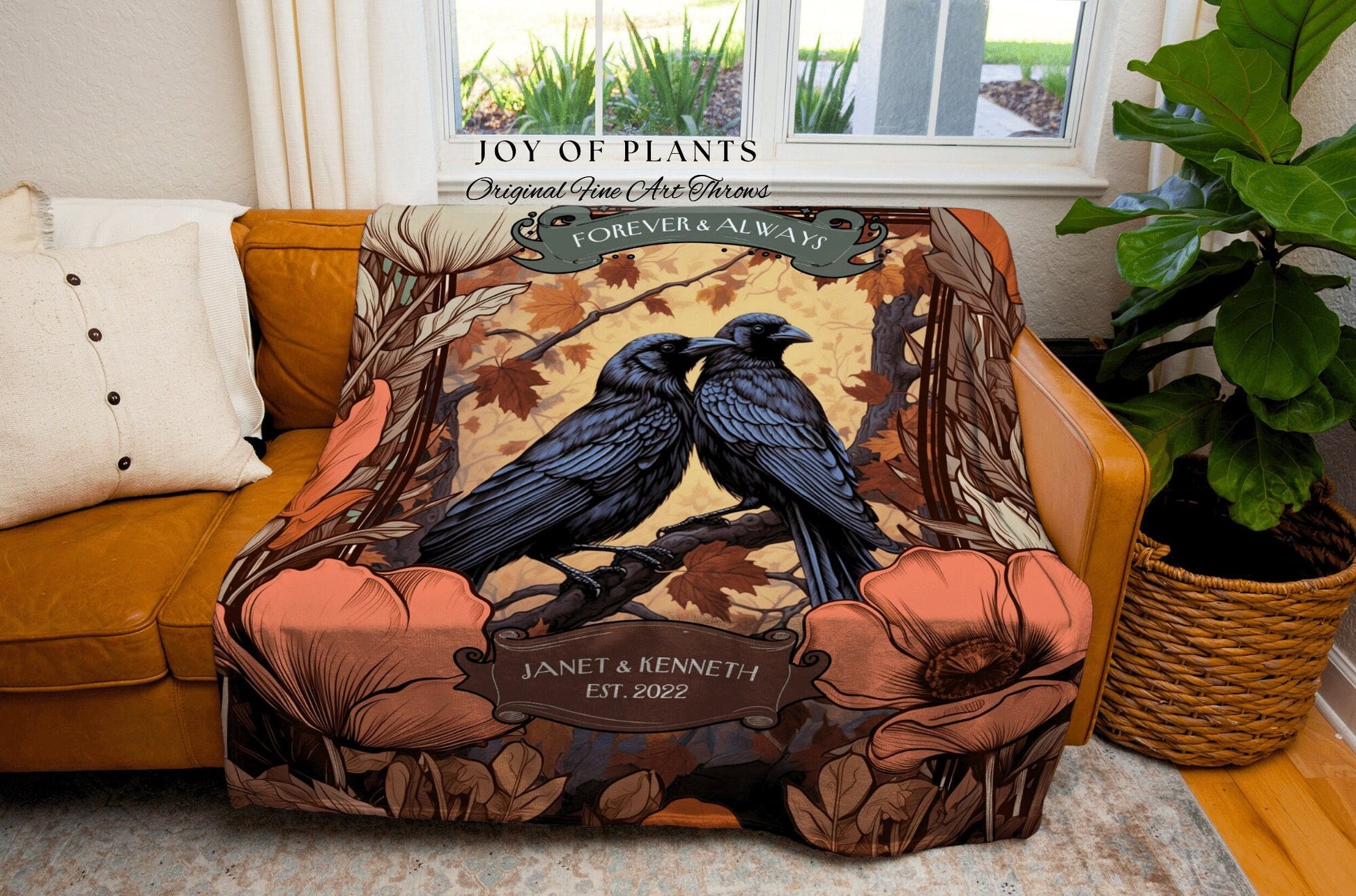 Raven Couple Blanket Personalized Names | Crowcore Aesthetic Woven Throw Custom Dating Anniversary 'Til Death do us Part' Crow Tapestry |