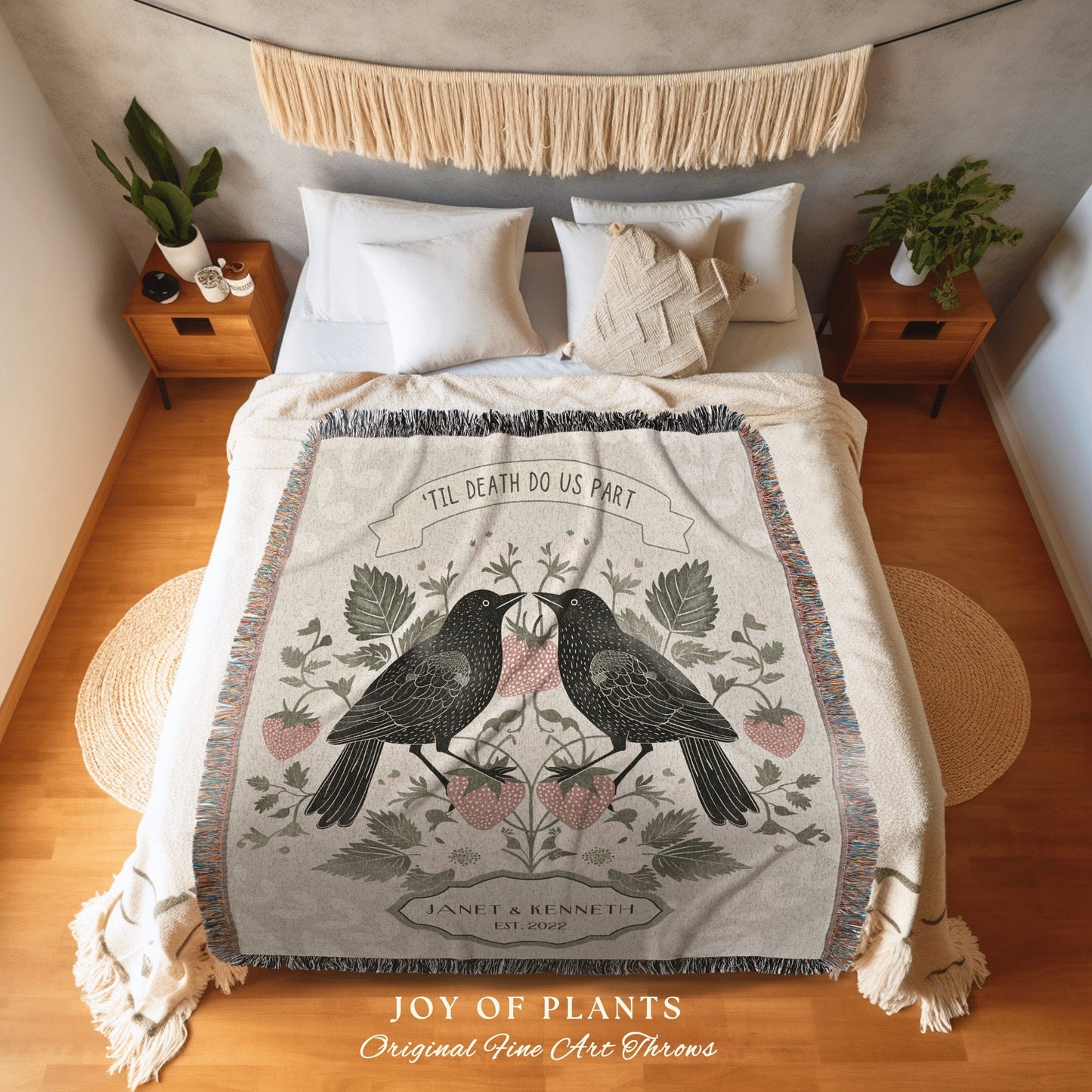 Scandinavian Custom Couple Blanket | Strawberry Aesthetic Woven Throw Custom Dating Anniversary 'Til Death do us Part' Raven Tapestry Gift |