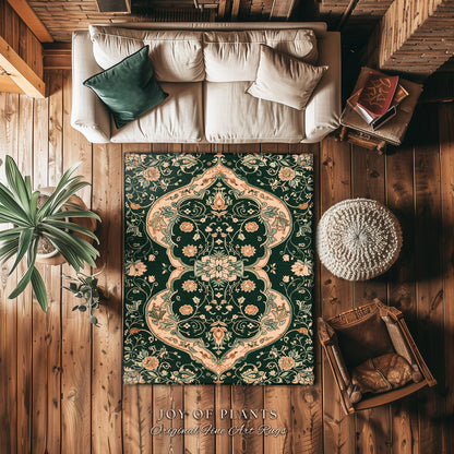 Eclectic Aesthetic Forest Green Rug | Emerald Green Maximalist Aesthetic Bedroom Decor Classic Ornate Victorian Rug Nordic Inspired Ethereal