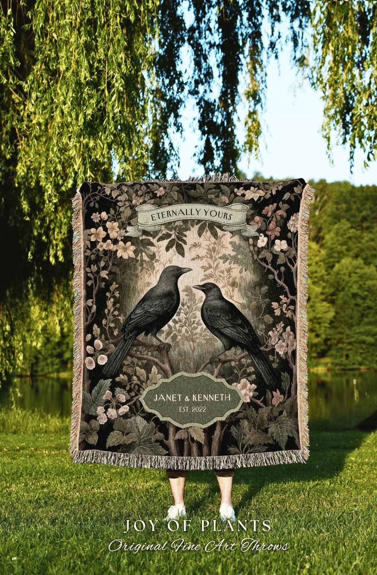 Couples Anniversary Cotton Woven Blanket | Crowcore Aesthetic Woven Throw Custom Dating Anniversary 'Til Death do us Part' Raven Tapestry |