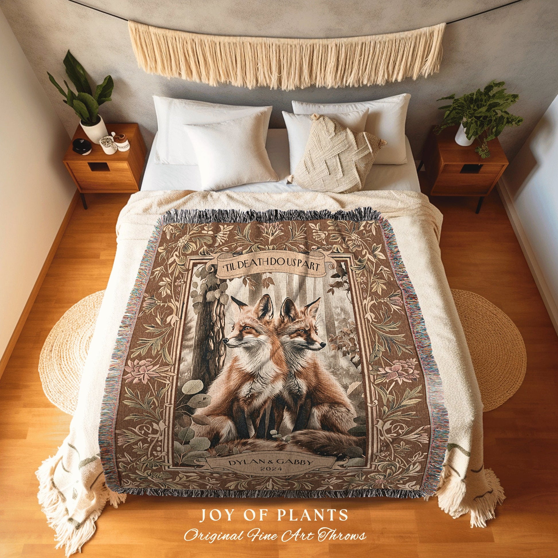 Woodland Fox Lovers Wedding Tapestry Blanket | Fairycore Aesthetic Whimsical Folklore Marriage Keepsake Cottagecore Dating Gift Custom |