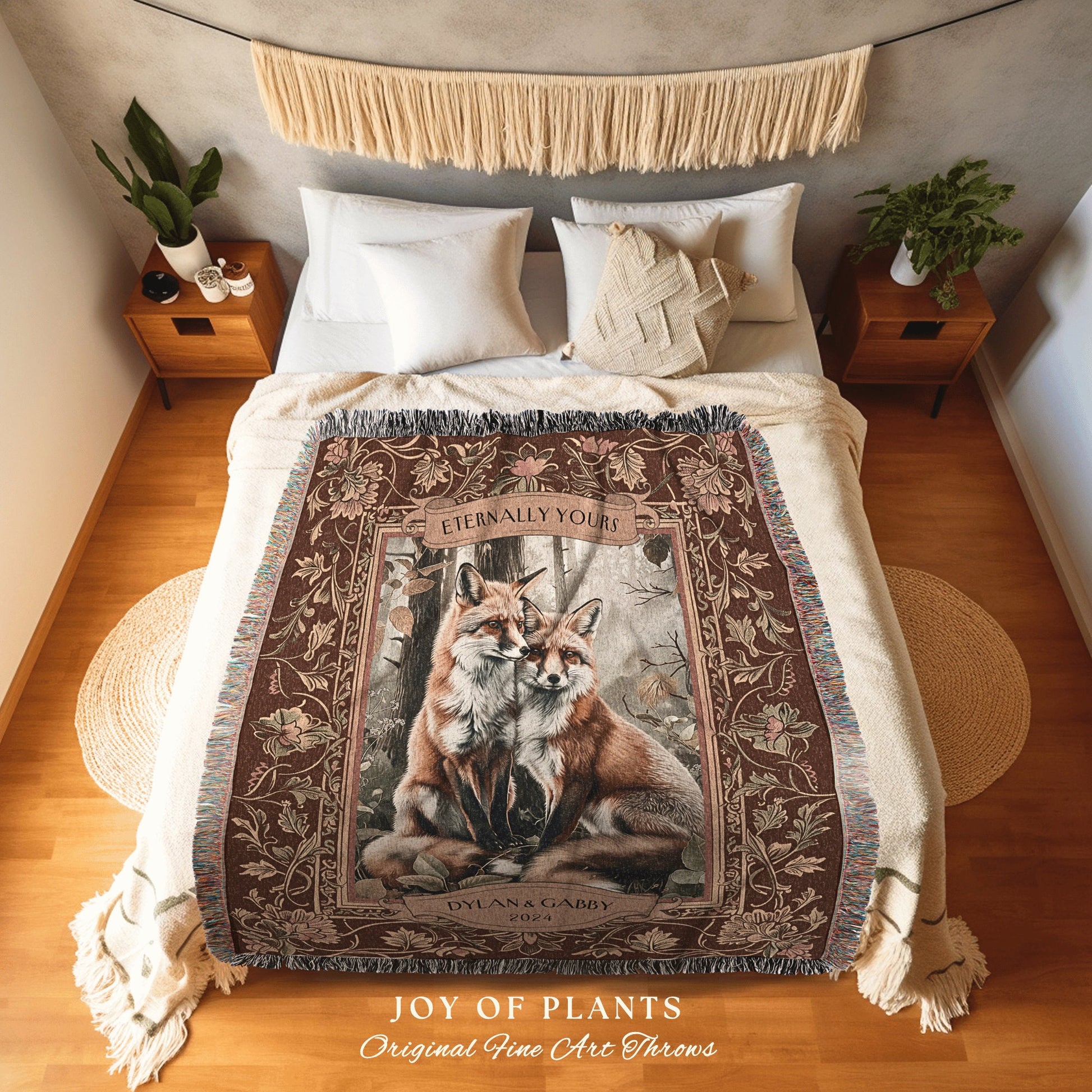 Victorian Fox Lovers Custom Tapestry | Forest Aesthetic Whimsical Woodland Wedding Anniversary Cottagecore Dating Gift Personalized Blanket