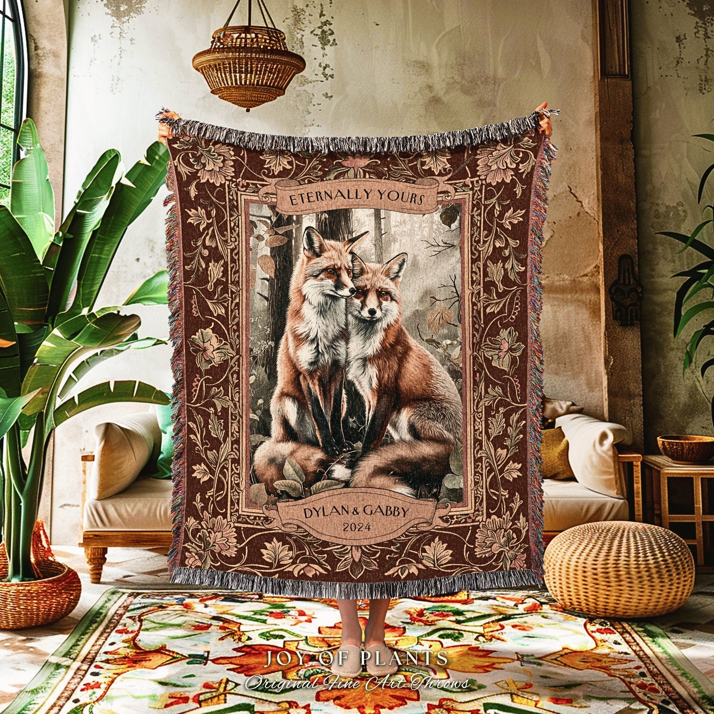 Victorian Fox Lovers Custom Tapestry | Forest Aesthetic Whimsical Woodland Wedding Anniversary Cottagecore Dating Gift Personalized Blanket