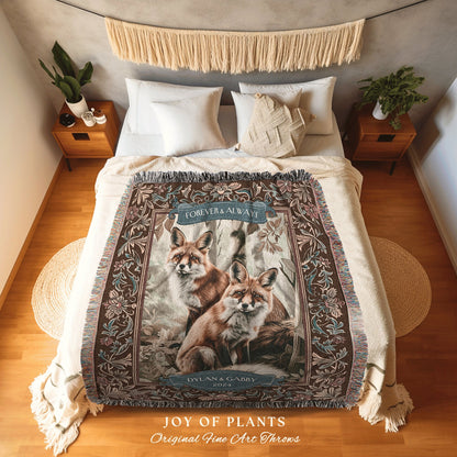 Cozy Aesthetic Fox Couple Throw Blanket | Whimsical Aesthetic Pastel Woodland Wedding Anniversary Cottagecore Dating Gift 'Kindred Spirits'