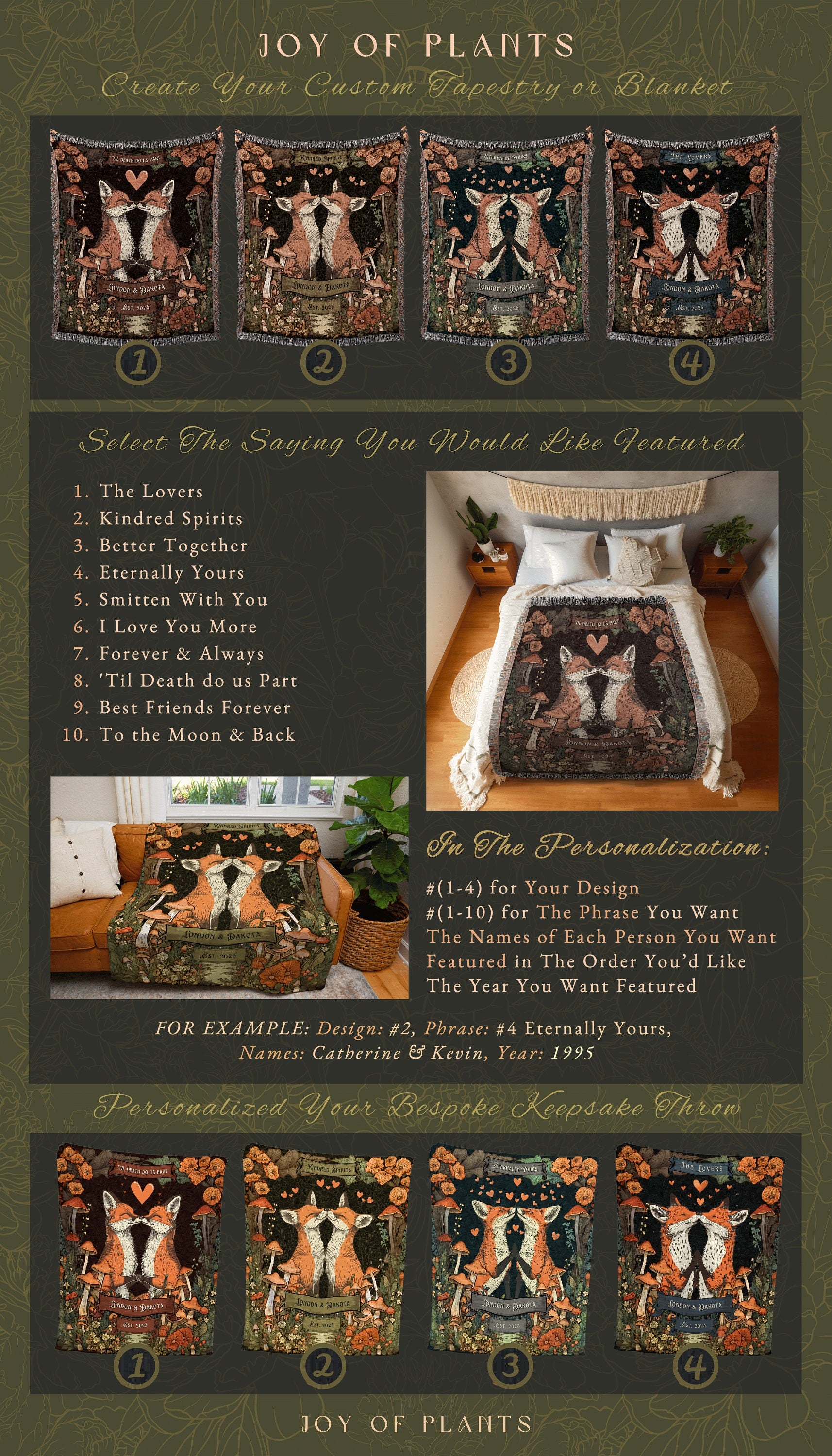 Woodland Animal Lovers Custom Fox Blanket | Forest Aesthetic Whimsical Boho Woodland Wedding Anniversary Cottagecore Gift Personalized |