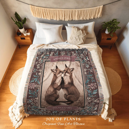 Fox Friends Personalized Woven Tapestry | Mystic Forest Aesthetic Whimsical Boho Woodland Gothic Best Friend Blanket Cottagecore Gift |