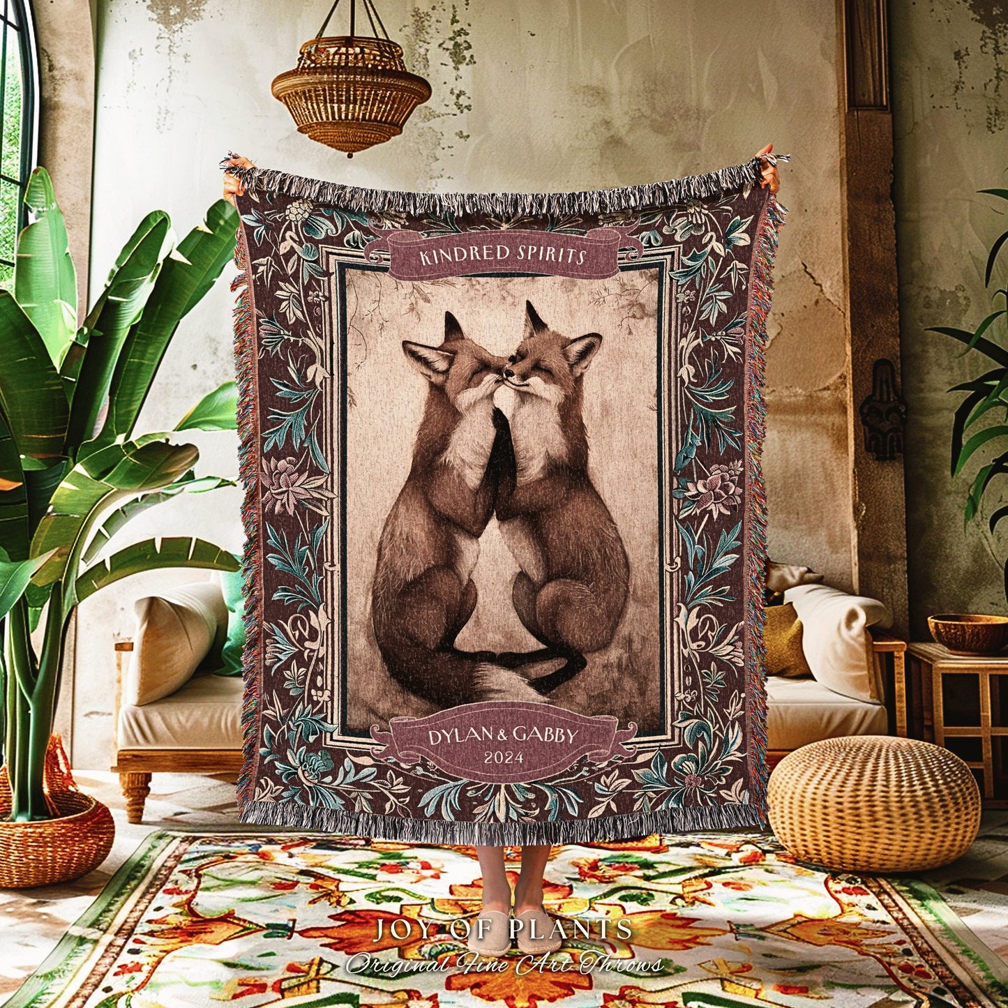 Fox Friends Personalized Woven Tapestry | Mystic Forest Aesthetic Whimsical Boho Woodland Gothic Best Friend Blanket Cottagecore Gift |