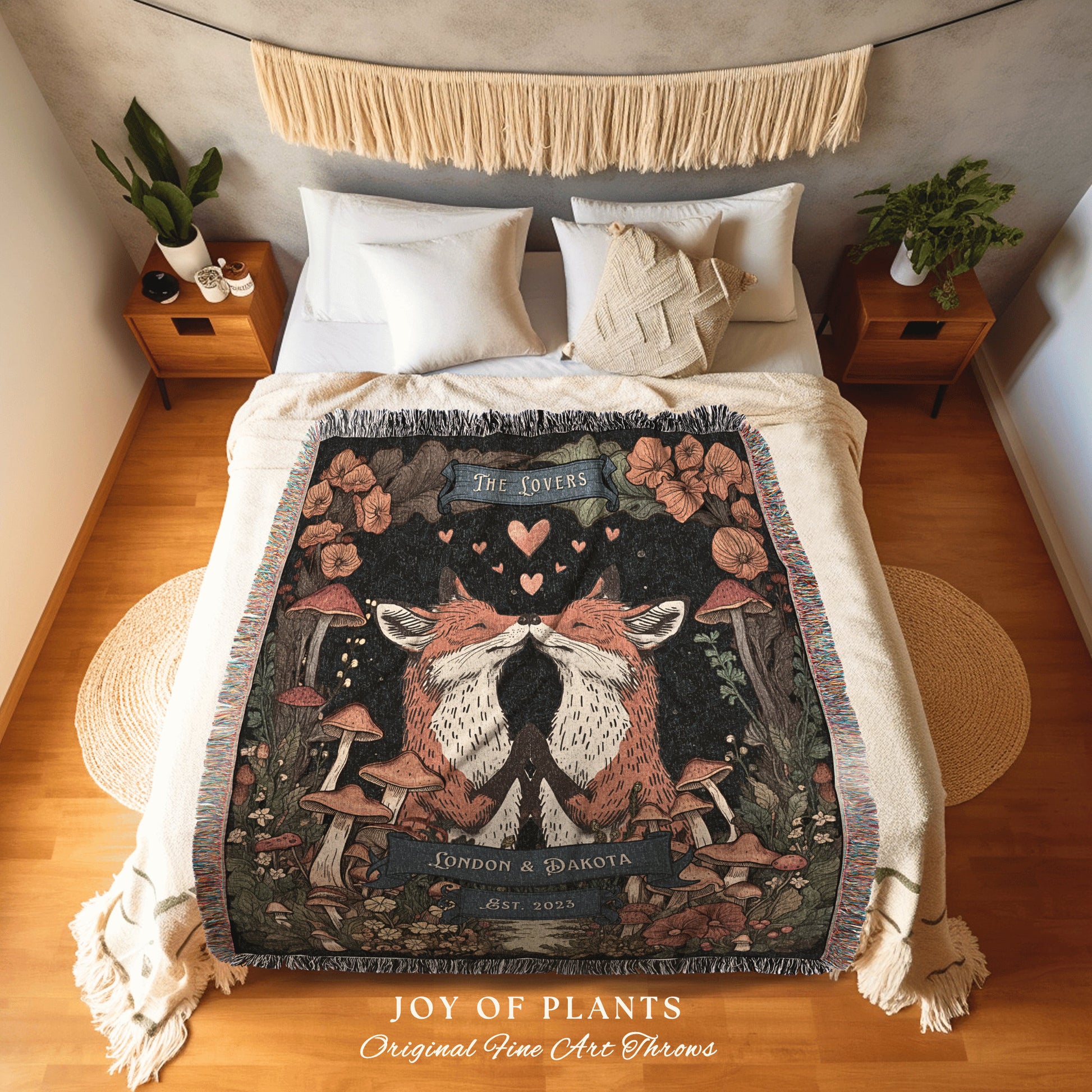 The Lovers Fox Couple Cute Throw Blanket | Boho Aesthetic Pastel Woodland Wedding Anniversary Cottagecore Dating Gift Personalized Names |