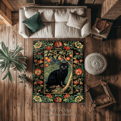 Black Cat Area Rug | Dark Woodland Aesthetic Cat Lover Decor William Morris Inspired Cottagecore Room Light Academia Mystical Throw Rug |