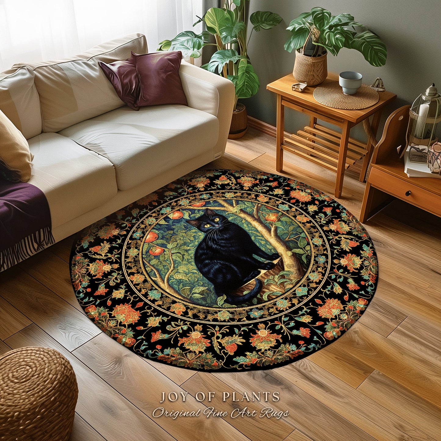 Black Cat Area Rug | Dark Woodland Aesthetic Cat Lover Decor William Morris Inspired Cottagecore Room Light Academia Mystical Throw Rug |