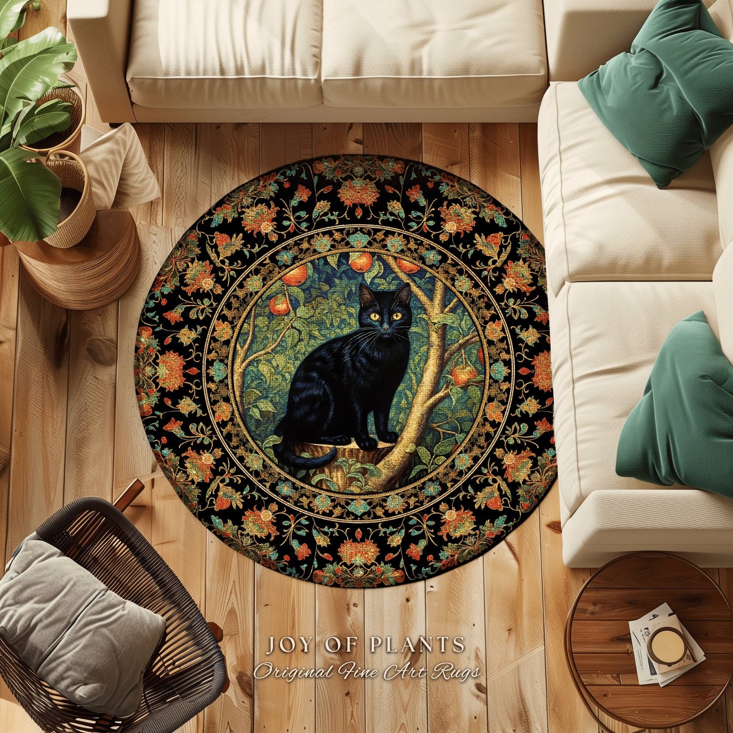 Black Cat Area Rug | Dark Woodland Aesthetic Cat Lover Decor William Morris Inspired Cottagecore Room Light Academia Mystical Throw Rug |