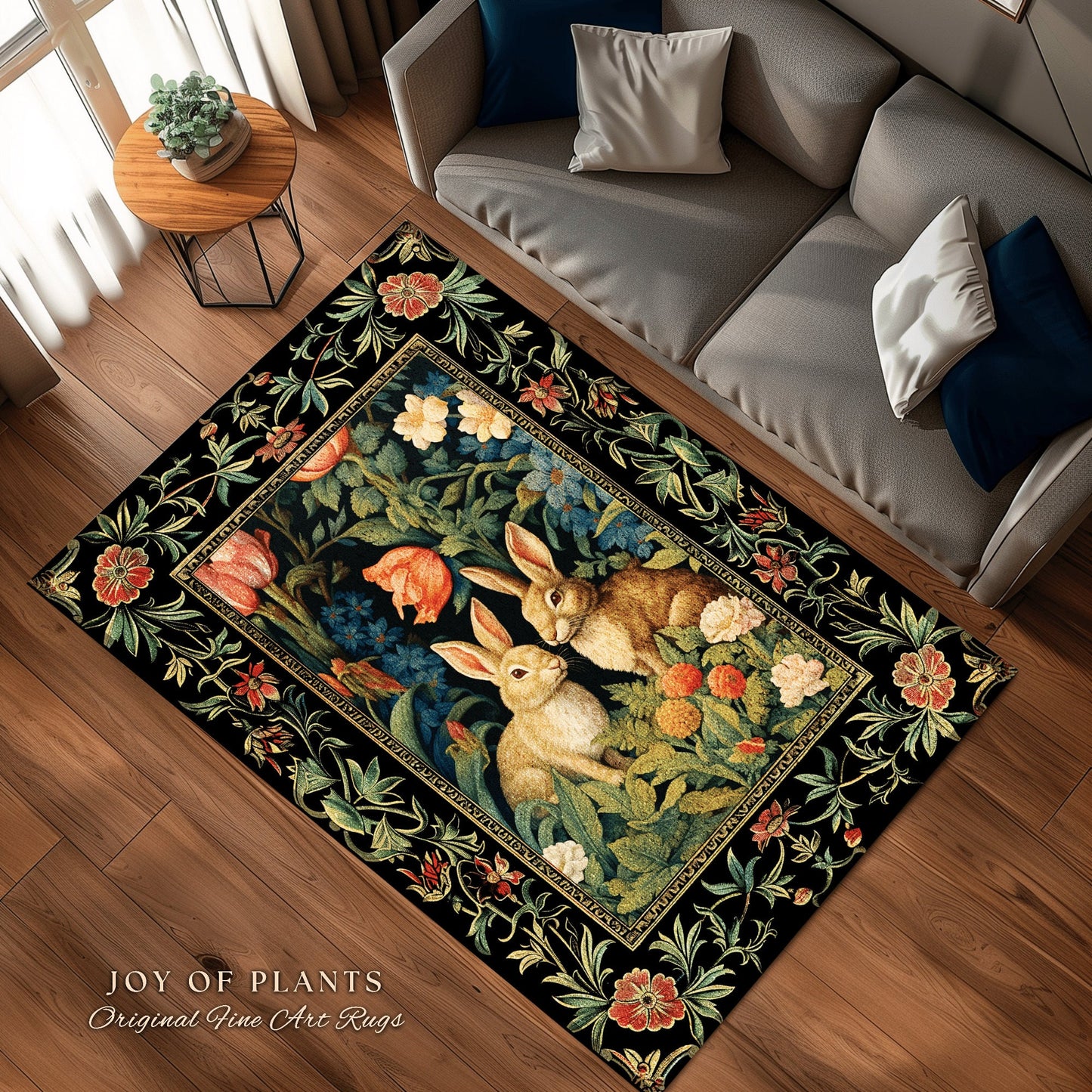 Bunnies in the Tulips Rug | Pastel Floral Bedroom Decor William Morris Inspired Cottagecore Room Light Academia Style Rug Mystical Home