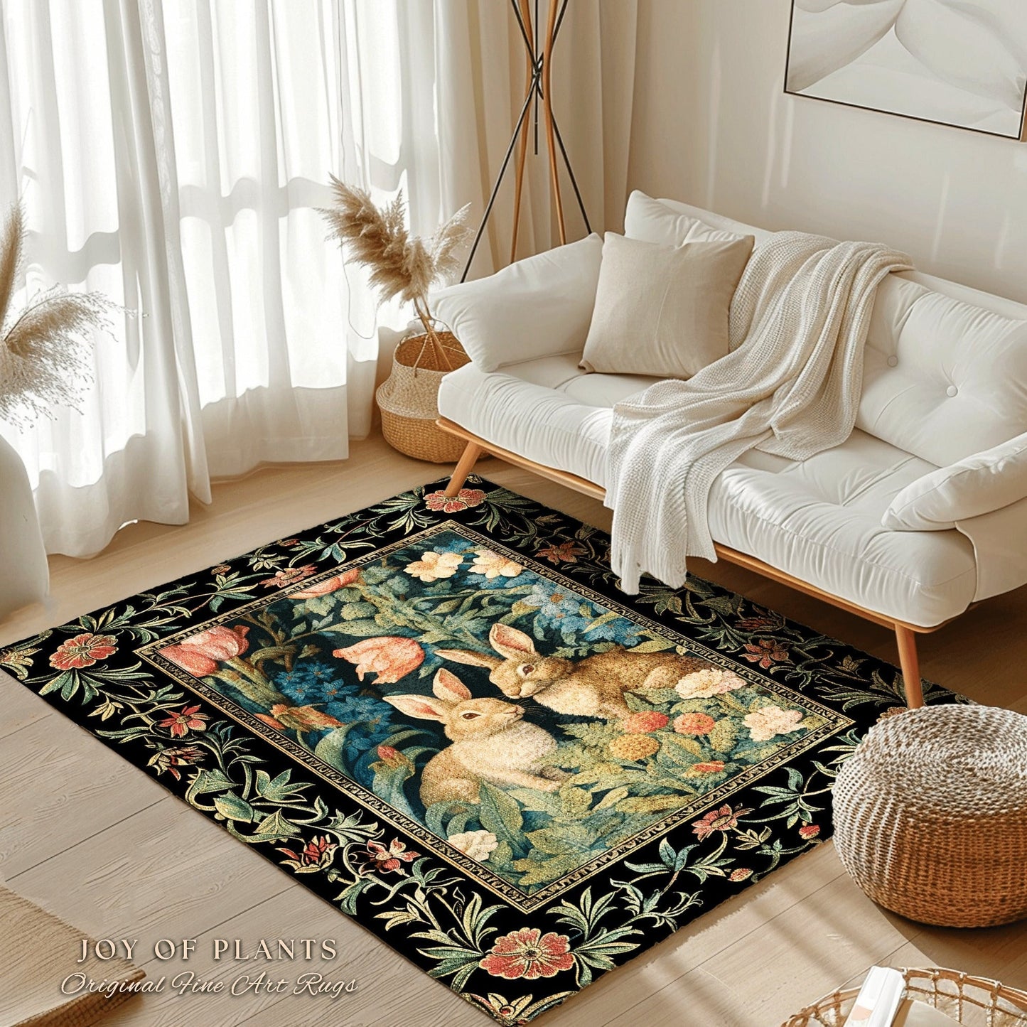 Bunnies in the Tulips Rug | Pastel Floral Bedroom Decor William Morris Inspired Cottagecore Room Light Academia Style Rug Mystical Home