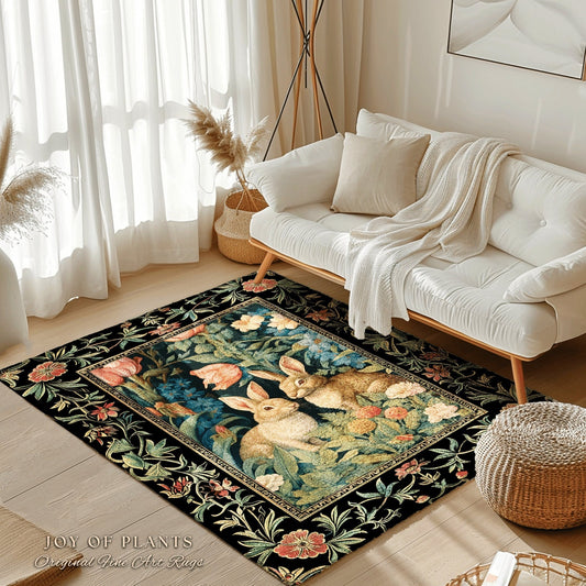 Bunnies in the Tulips Rug | Pastel Floral Bedroom Decor William Morris Inspired Cottagecore Room Light Academia Style Rug Mystical Home