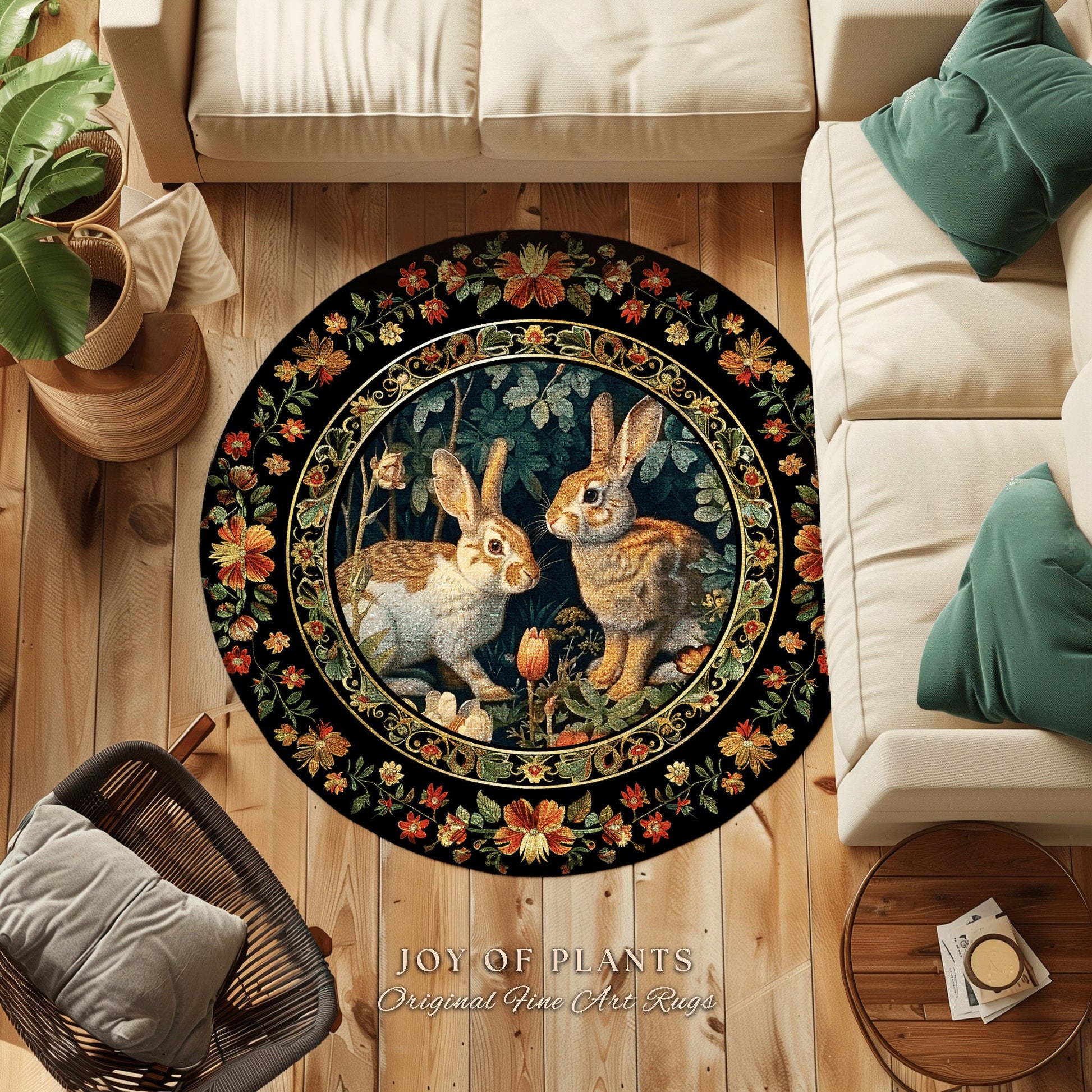 Botanical Bedroom Decor Round Rabbit Rug Morris Inspired Cottagecore Room Light Academia Style Forestcore | Cottagecore Bunnies Floral Rug