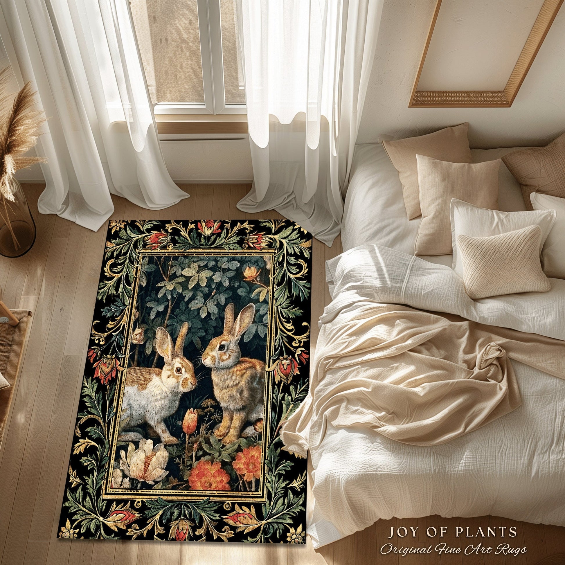 Botanical Bedroom Decor Round Rabbit Rug Morris Inspired Cottagecore Room Light Academia Style Forestcore | Cottagecore Bunnies Floral Rug