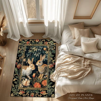 Botanical Bedroom Decor Round Rabbit Rug Morris Inspired Cottagecore Room Light Academia Style Forestcore | Cottagecore Bunnies Floral Rug