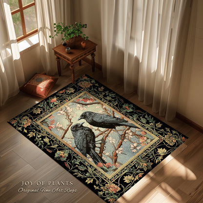 Woodland Fairycore Raven Whimsigoth Rug Victorian Gothic Decor | Enchanted Forest Round Rug Crow Lovers Nature Theme Whimsical Room Crowcore