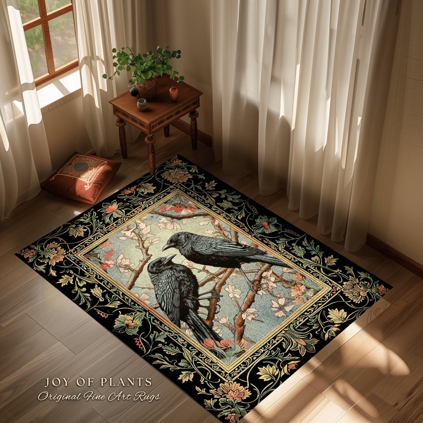 Floral Aesthetic Raven Rug | Crowcore Bedroom Decor William Morris Inspired Cottagecore Room Dark Academia Style Rug Mystical Home Accent