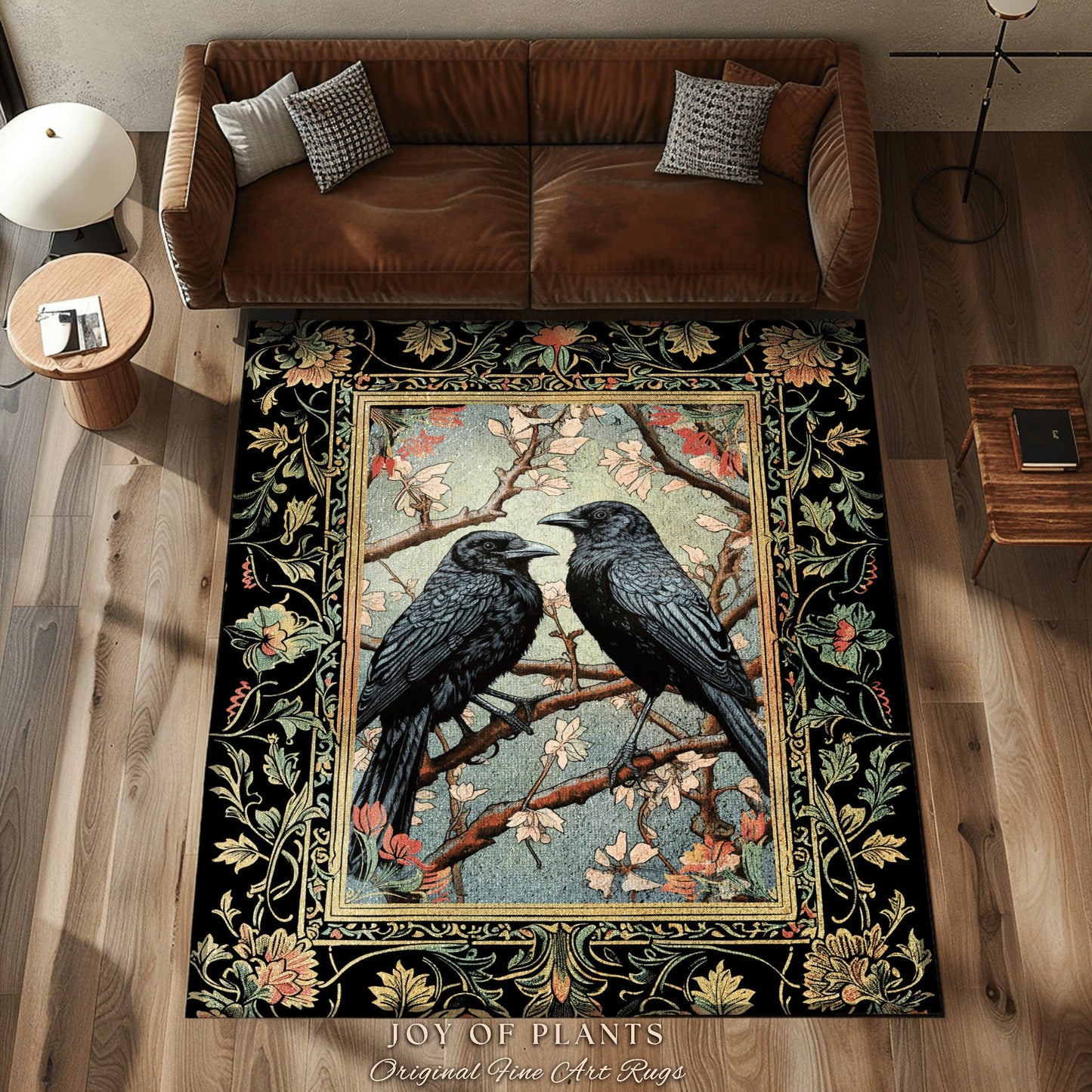 Floral Aesthetic Raven Rug | Crowcore Bedroom Decor William Morris Inspired Cottagecore Room Dark Academia Style Rug Mystical Home Accent