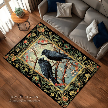 Floral Aesthetic Raven Rug | Crowcore Bedroom Decor William Morris Inspired Cottagecore Room Dark Academia Style Rug Mystical Home Accent