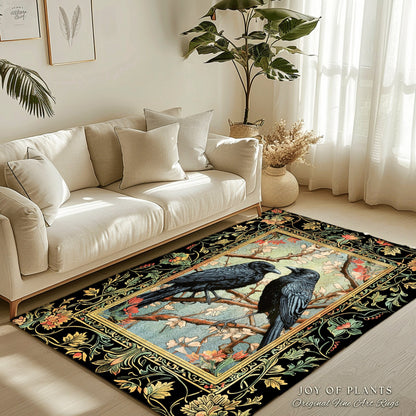 Woodland Fairycore Raven Whimsigoth Rug Victorian Gothic Decor | Enchanted Forest Round Rug Crow Lovers Nature Theme Whimsical Room Crowcore