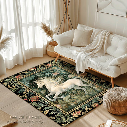 Fairytale Unicorn Rug | Botanical Bedroom Decor William Morris Inspired Cottagecore Room Light Academia Style Rug Mystical Folklore Decor