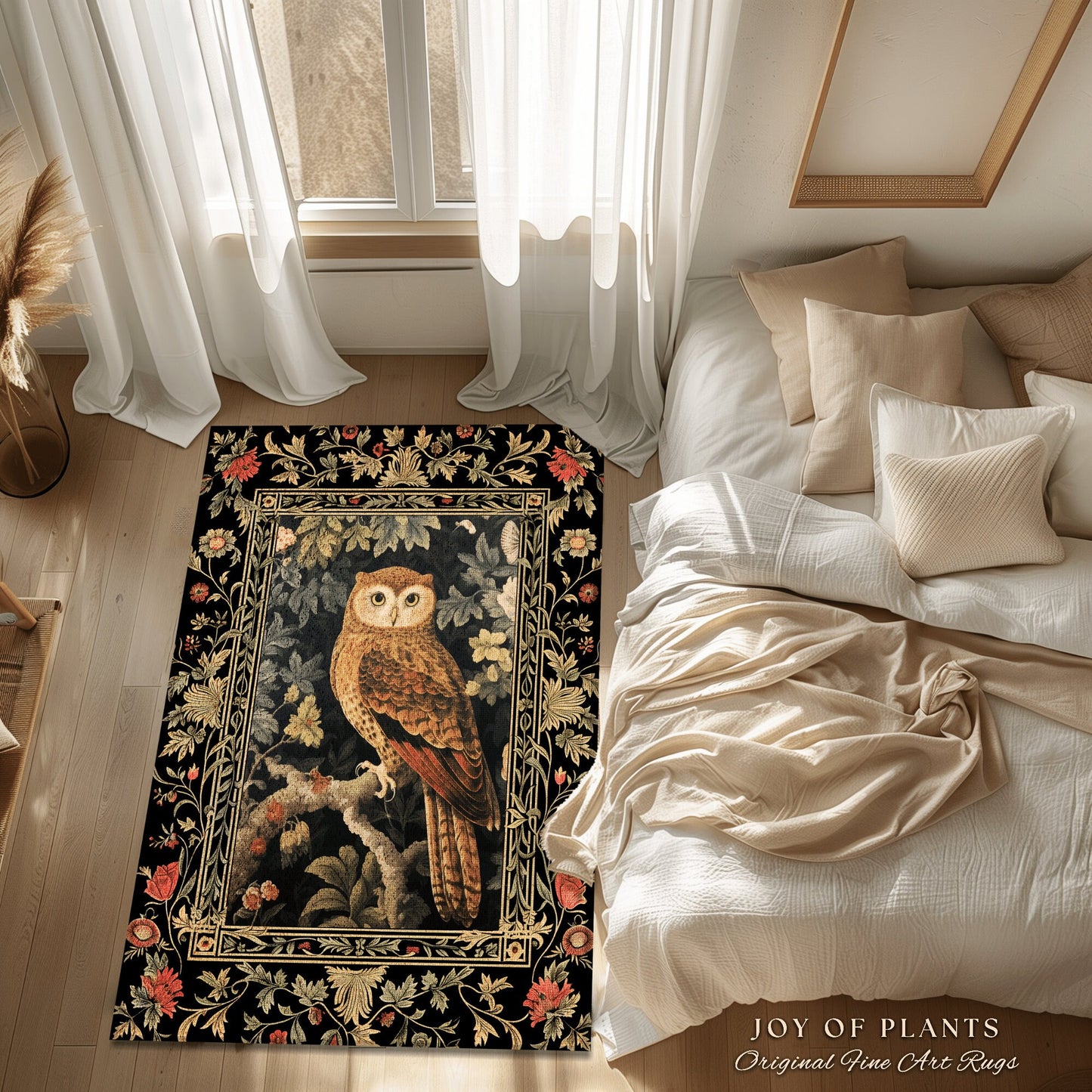 Celestial Owl Rug | Ethereal Bedroom William Morris Inspired Cottagecore Owl Whimsical Room Soft Aesthetic Dark Academia Style Floral |