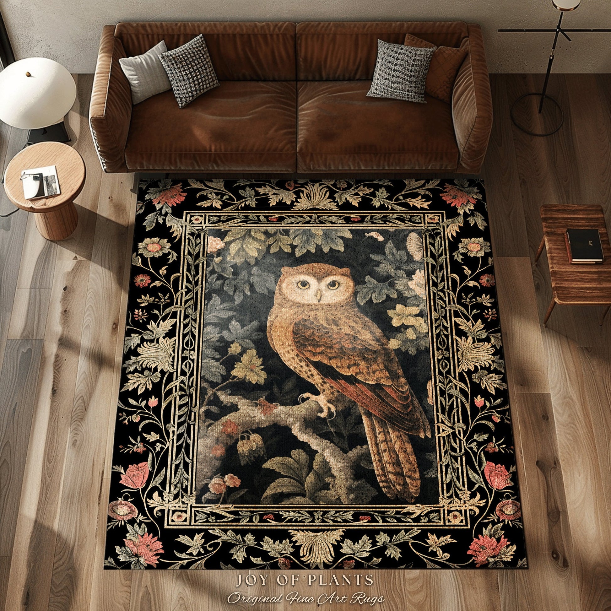 Celestial Owl Rug | Ethereal Bedroom William Morris Inspired Cottagecore Owl Whimsical Room Soft Aesthetic Dark Academia Style Floral |