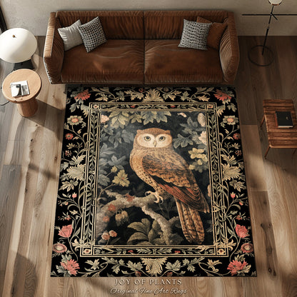 Celestial Owl Rug | Ethereal Bedroom William Morris Inspired Cottagecore Owl Whimsical Room Soft Aesthetic Dark Academia Style Floral |