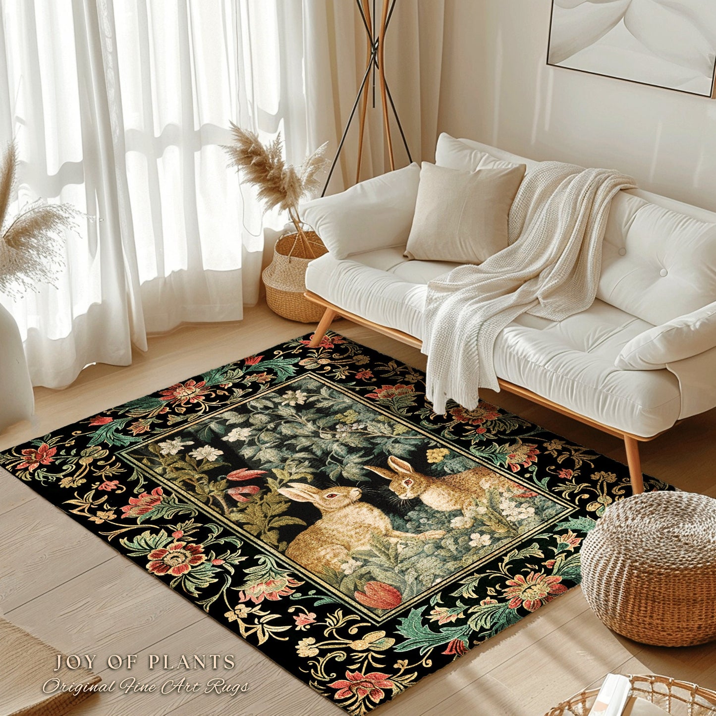 Dark Forest Rabbit Rug | Botanical Bedroom Decor William Morris Inspired Cottagecore Room Light Academia Style Rug Home Victorian Floral