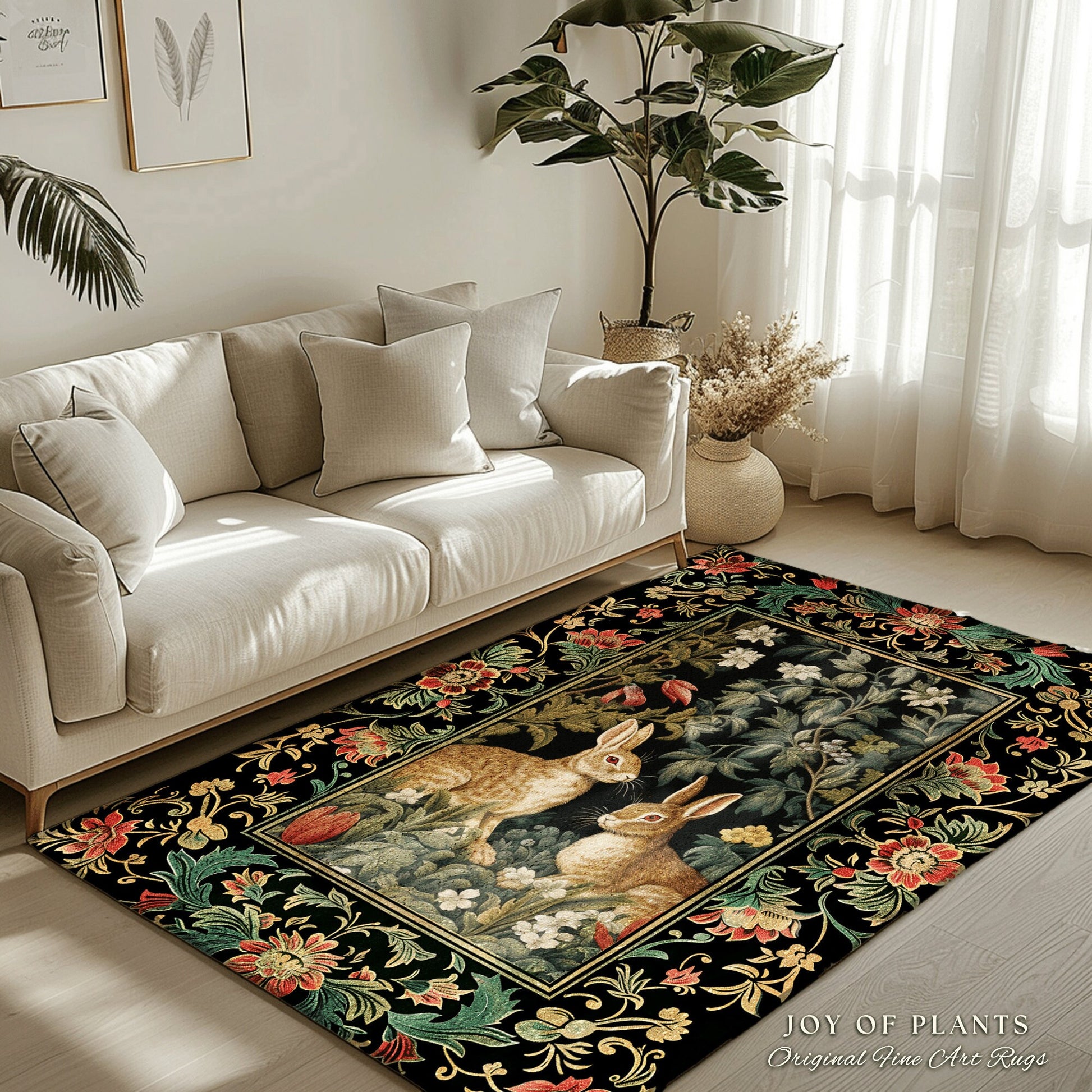 Dark Forest Rabbit Rug | Botanical Bedroom Decor William Morris Inspired Cottagecore Room Light Academia Style Rug Home Victorian Floral