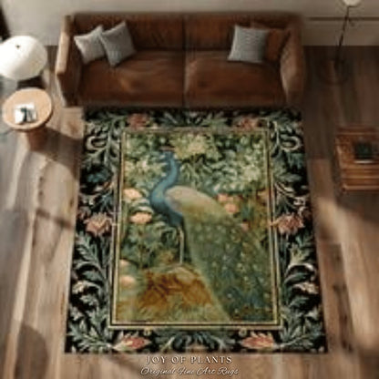 Peacock Area Rug Botanical | Floral Bedroom Decor William Morris Style Cottagecore Room Dark Academia Royalcore Rug Mystical Crowcore Art |