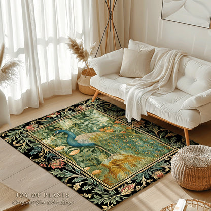 Peacock Area Rug Botanical | Floral Bedroom Decor William Morris Style Cottagecore Room Dark Academia Royalcore Rug Mystical Crowcore Art |