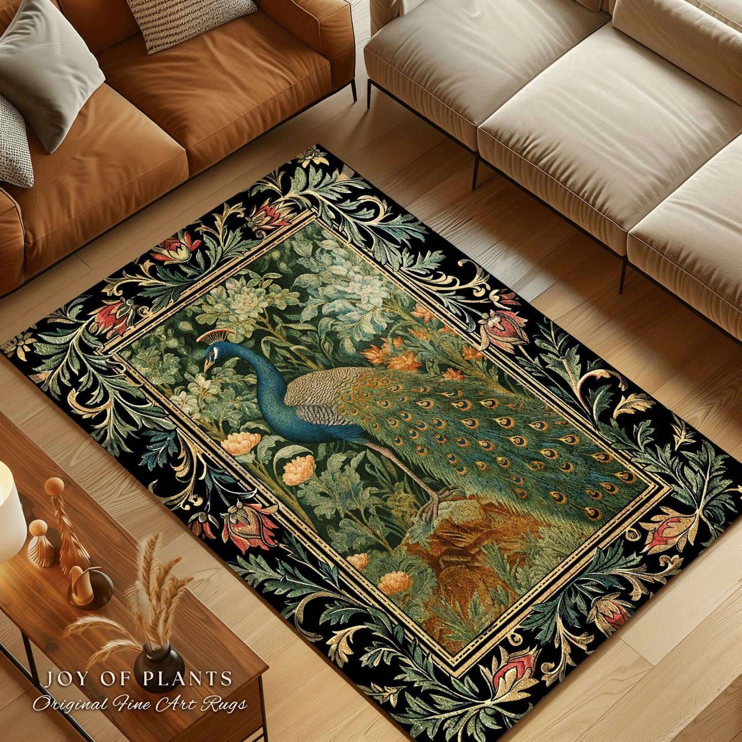 Peacock Area Rug Botanical | Floral Bedroom Decor William Morris Style Cottagecore Room Dark Academia Royalcore Rug Mystical Crowcore Art |