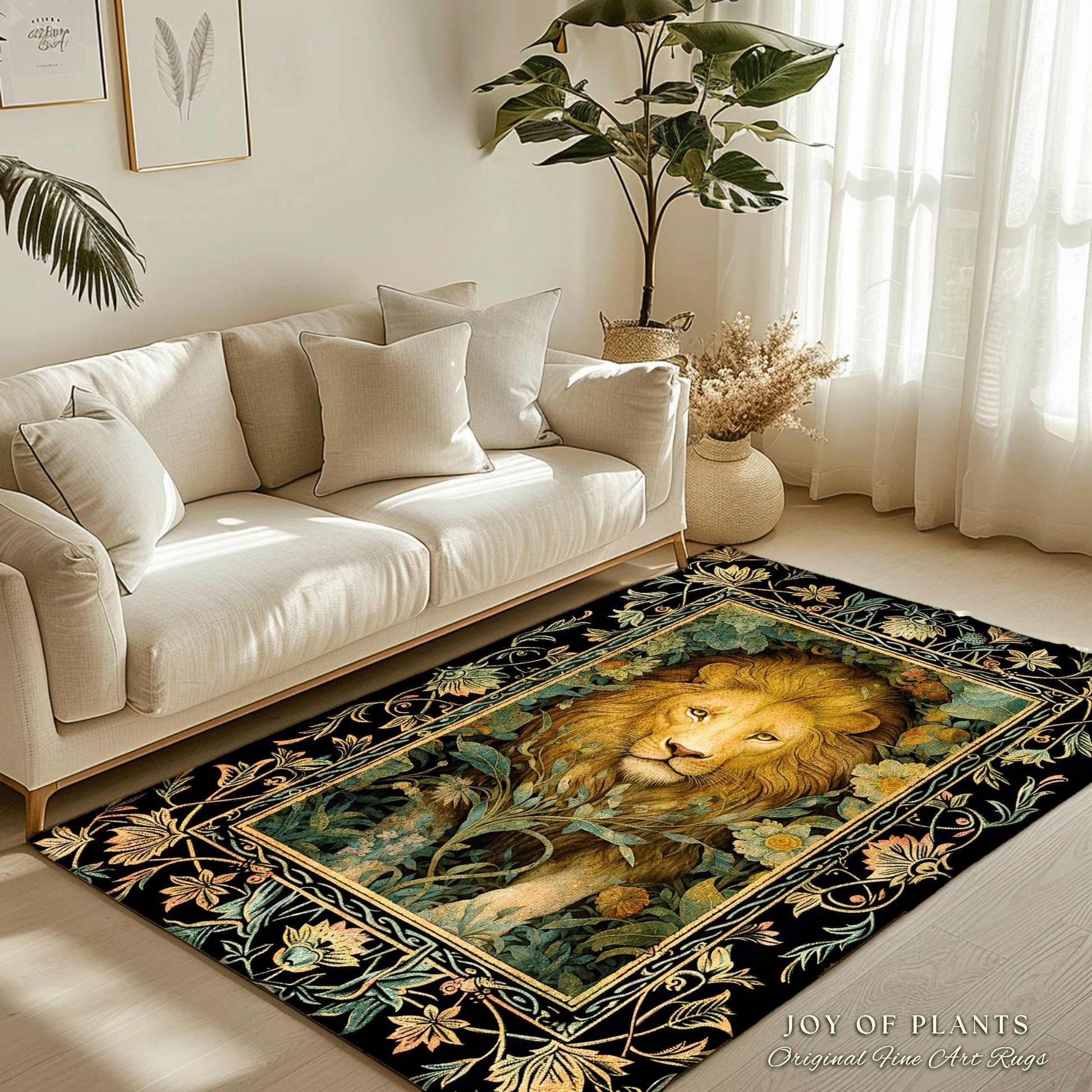 Dark Jungle Lion Botanical Rug Dark Academia Decor | King of the Jungle Morris Inspired Dark Cottagecore Floral Decor Gift for Lion Lovers