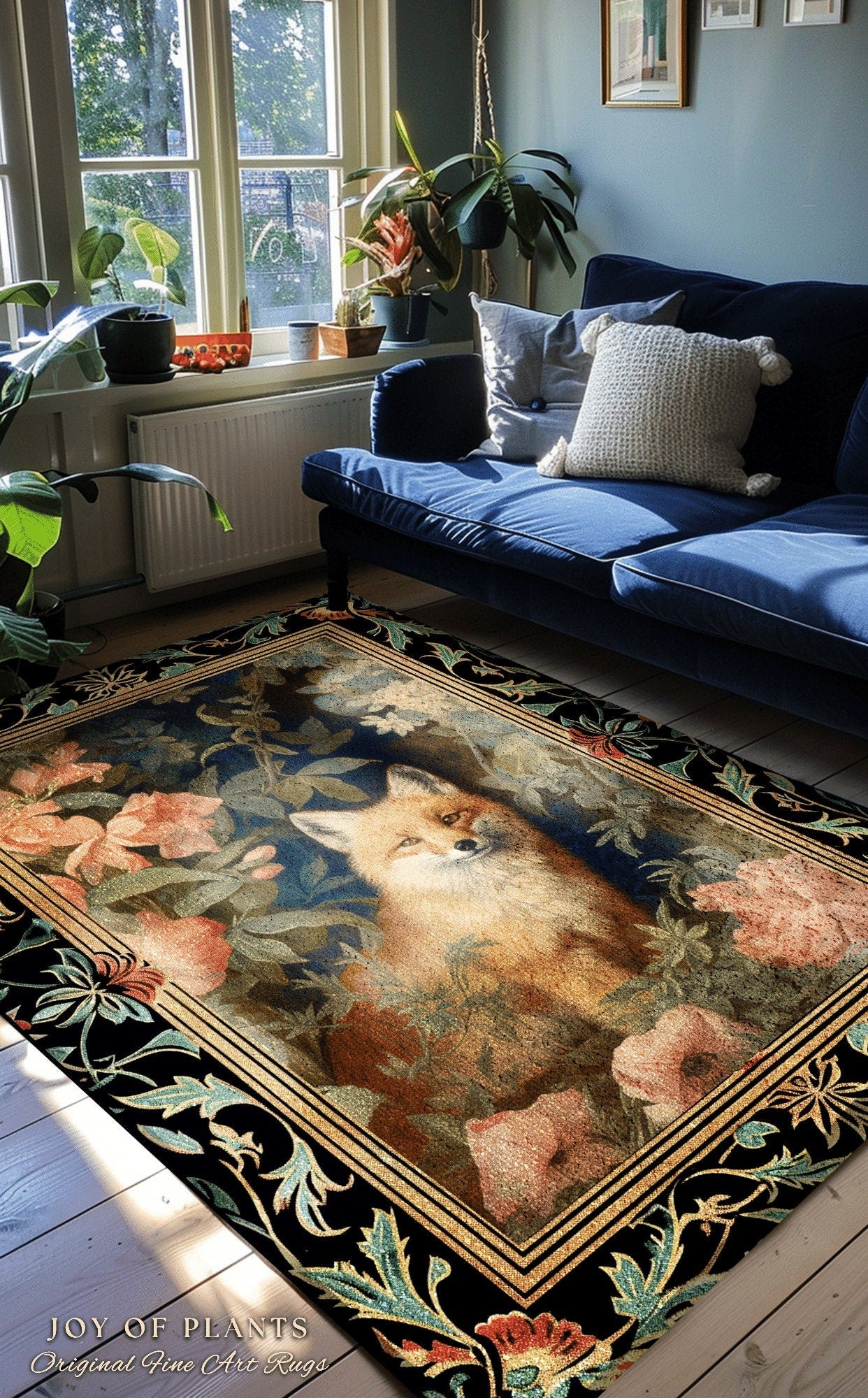 Fairycore Fox Area Rug | Ethereal Bedroom Decor William Morris Inspired Cottagecore Room Soft Aesthetic Light Academia Style Rug Mystical