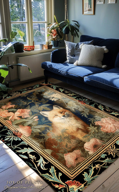 Fairycore Fox Area Rug | Ethereal Bedroom Decor William Morris Inspired Cottagecore Room Soft Aesthetic Light Academia Style Rug Mystical