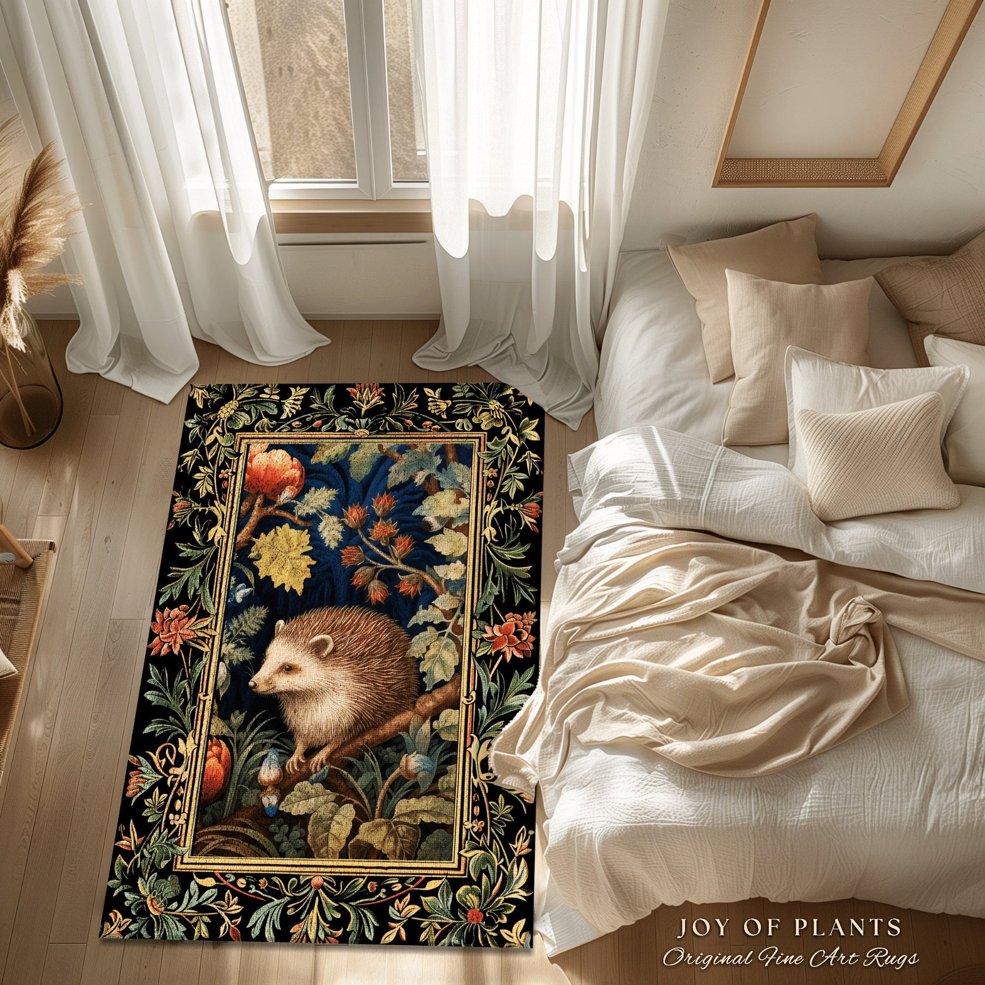 Nature Area Rug Hedge Hog | Woodland Aesthetic Bedroom Decor William Morris Inspired Cottagecore Room Light Academia Mystical Throw Rug |