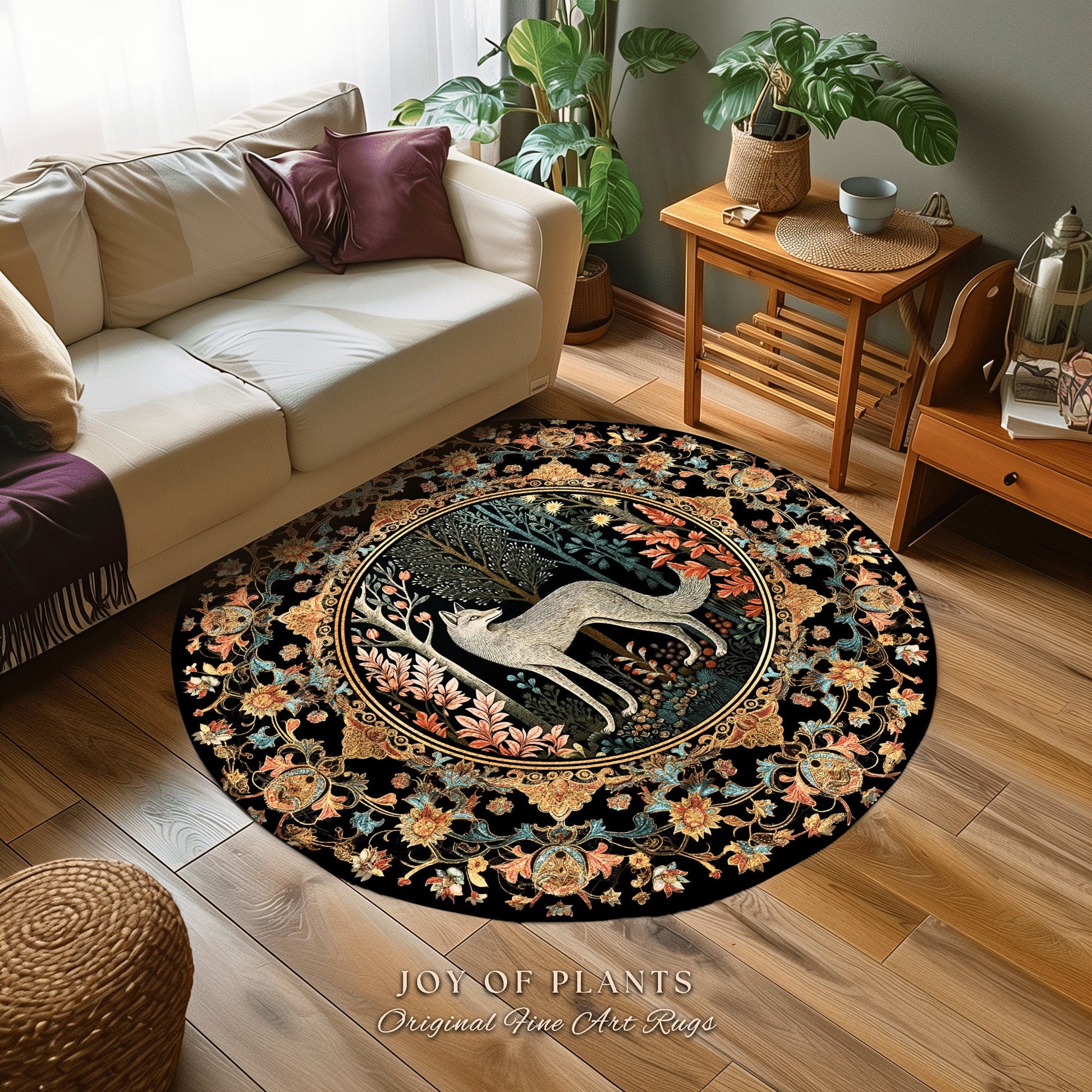 Enchanted Woodland Round Rug Wolf Folklore Aesthetic Dark Cottagecore Decor | Whimsigoth Mystical Decor Whimsical Fairycore Wolf Forestcore