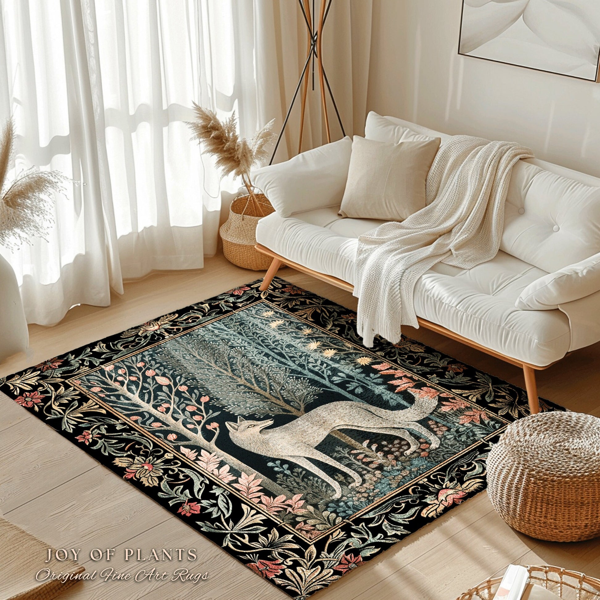 Pastel Scandinavian Wolf Rug | Nordic Aesthetic Bedroom Decor William Morris Inspired Cottagecore Room Dark Academia Accent Rug Mystical |