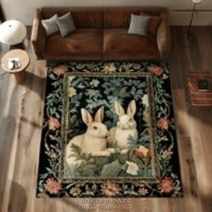 Bunny Rabbit Floral Rug | Botanical Bedroom Decor William Morris Inspired Cottagecore Room Light Academia Style Rug Mystical Home Accent