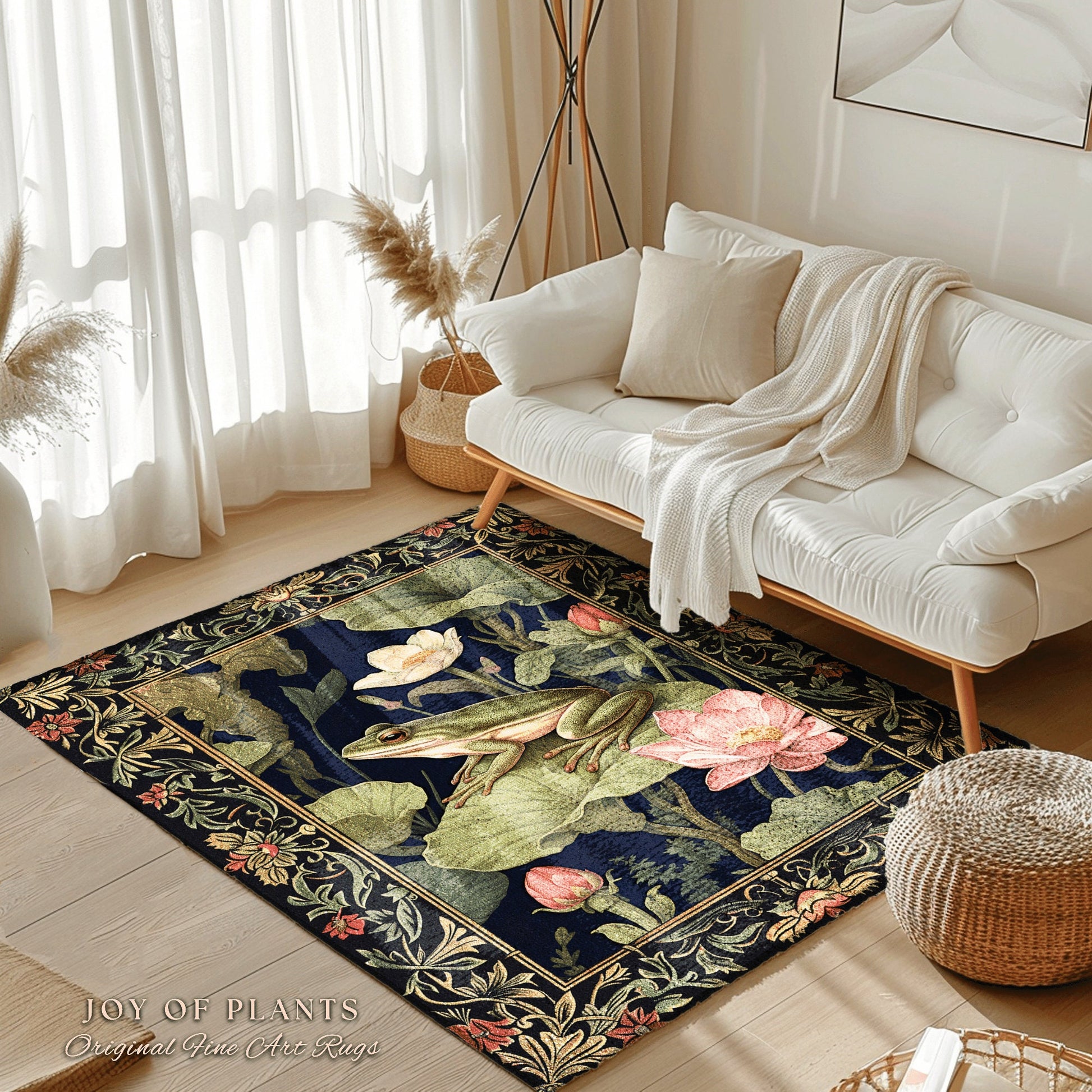 Boho Cottagecore Botanical Frog Rug Whimsigothic Decor | Goblincore Dark Floral Frog Rug Nature Lover Morris Style Decor Lily Pad Frog Rug