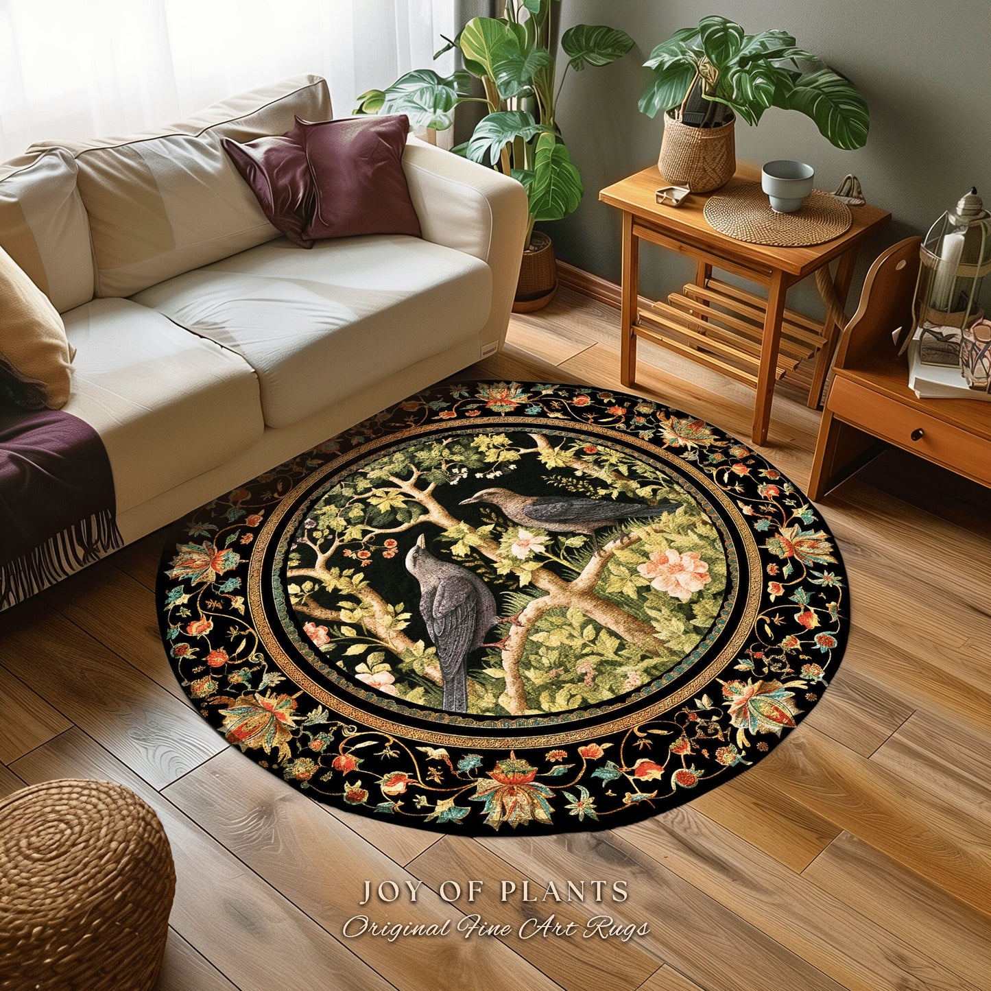 Woodland Forest Crow Rug | Eclectic Bedroom Decor William Morris Inspired Cottagecore Room Dark Academia Style Rug Mystical Crowcore Art