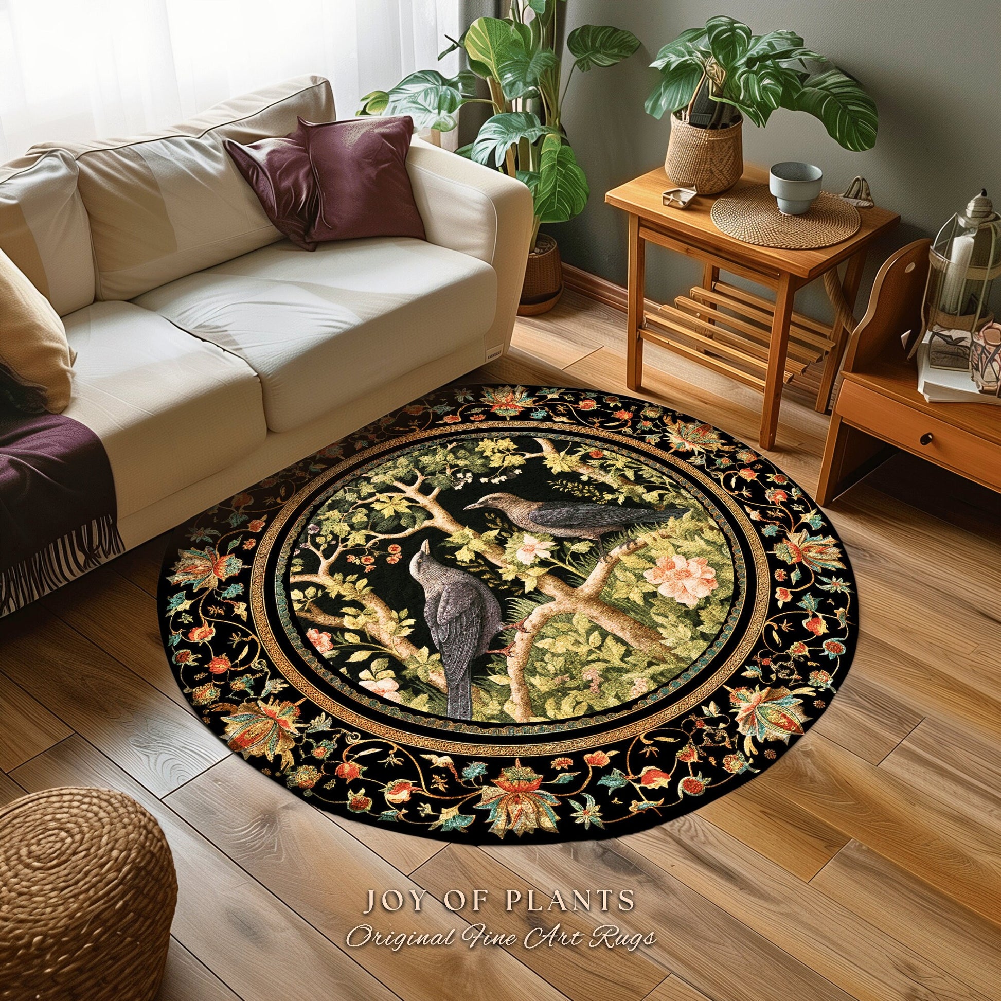 Woodland Forest Crow Rug | Eclectic Bedroom Decor William Morris Inspired Cottagecore Room Dark Academia Style Rug Mystical Crowcore Art